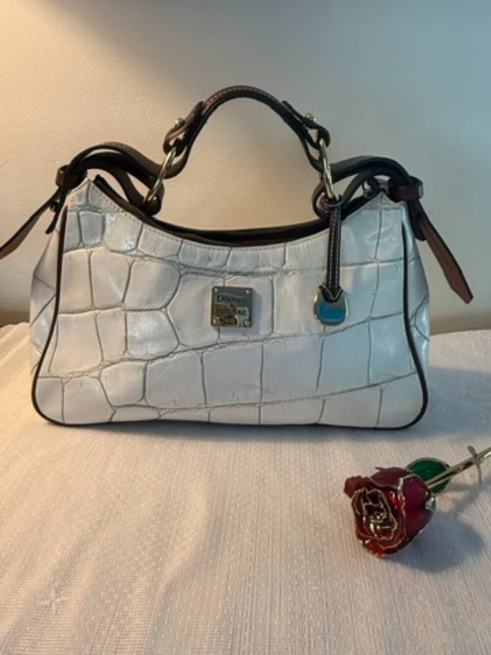Dooney & Bourke White Croco Embossed Leather Satchel Purse | Like New
